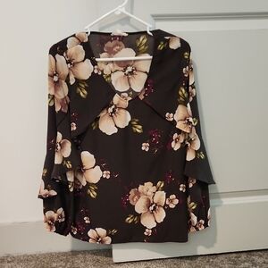 ODDY Black Floral Blouse with Cream and Pink Accents